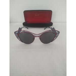 Vermeer, Vintage Style Ornate Cat Eye Sunglasses, Blue & Red Filigree Design,